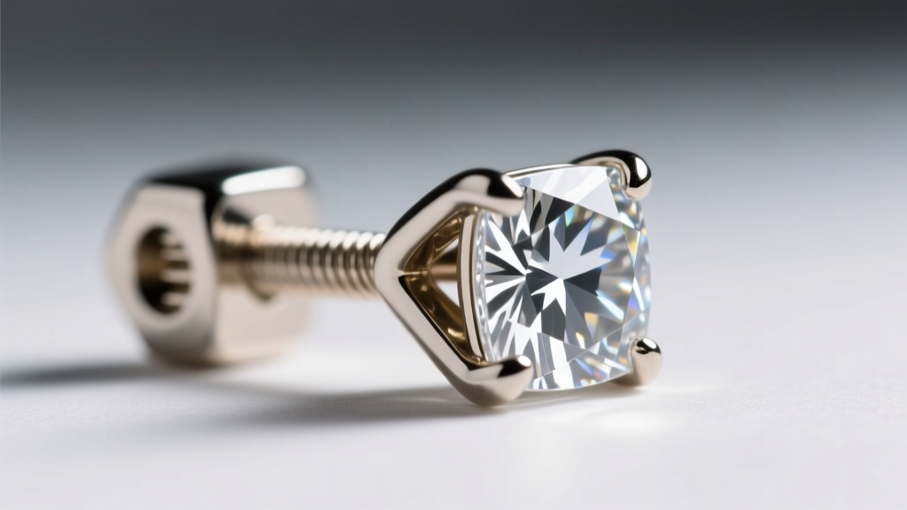 Extreme close-up of a square diamond earring post showing a secure screw-back and a protective V-prong securing the sharp corner.