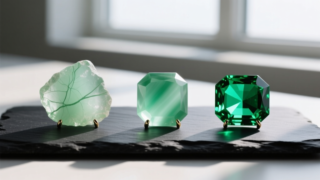 Side-by-side raw prehnite, translucent green chalcedony, and vibrant chrysoprase gemstones resting on a dark slate surface.