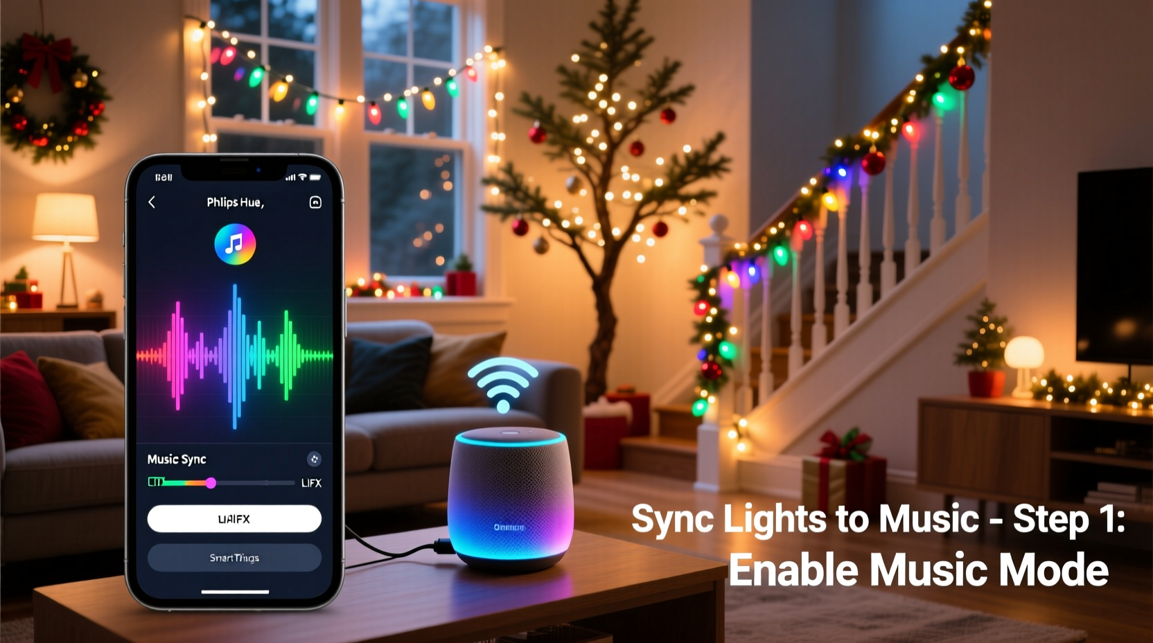 how to sync rgb christmas lights with music using smart home tech