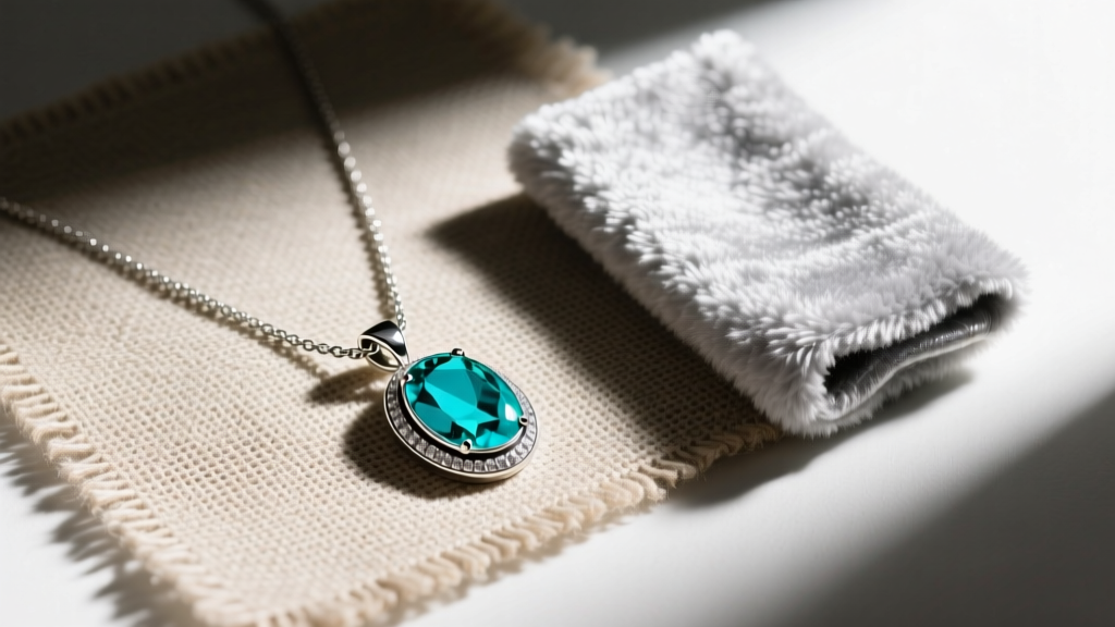 Flat lay of a turquoise sterling silver pendant necklace on textured linen fabric beside a soft microfiber silver polishing cloth