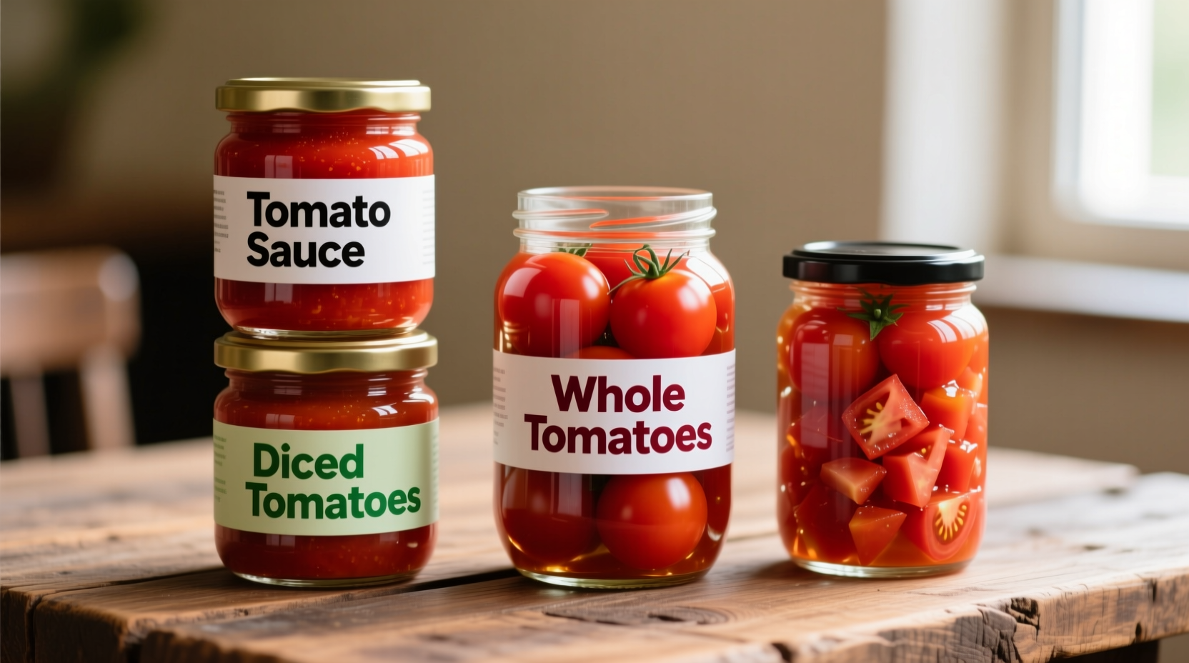 Three cans showing tomato sauce, whole tomatoes, and diced tomatoes