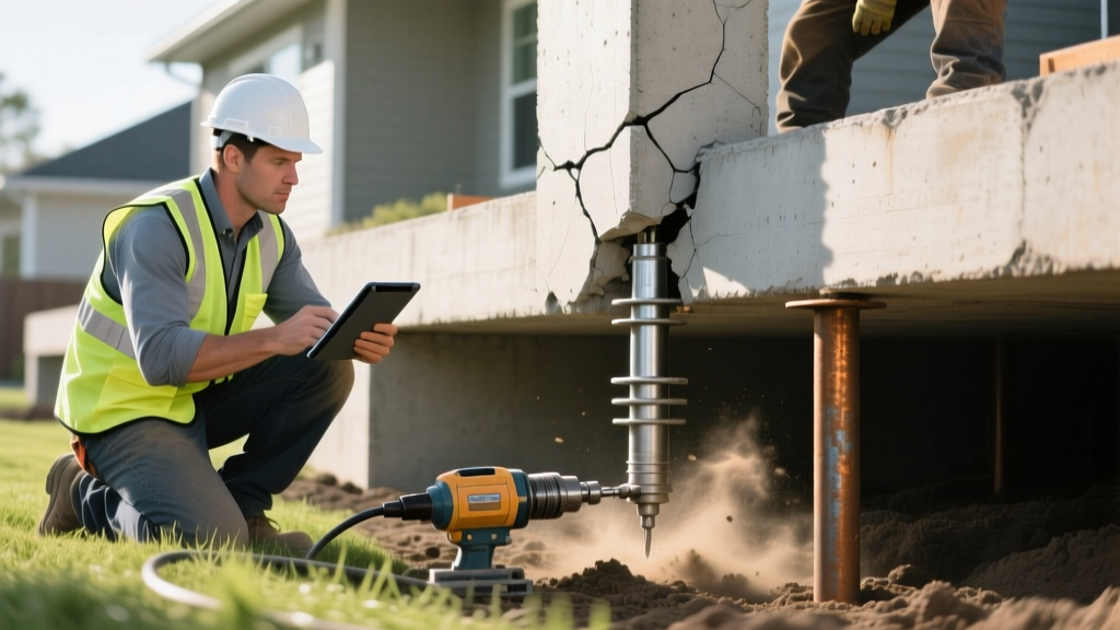 Structural engineer inspecting a cracked concrete stem wall while a contractor installs steel helical piers beneath a residential home.