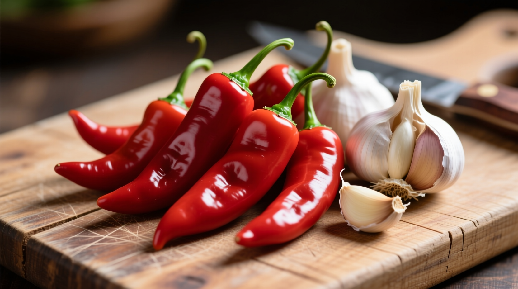 Red jalapeno peppers with garlic cloves on wooden cutting board
