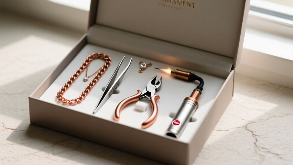 Open gift box revealing a permanent jewelry kit with copper practice chains, tweezers, flush cutters, and a compact mini welder.