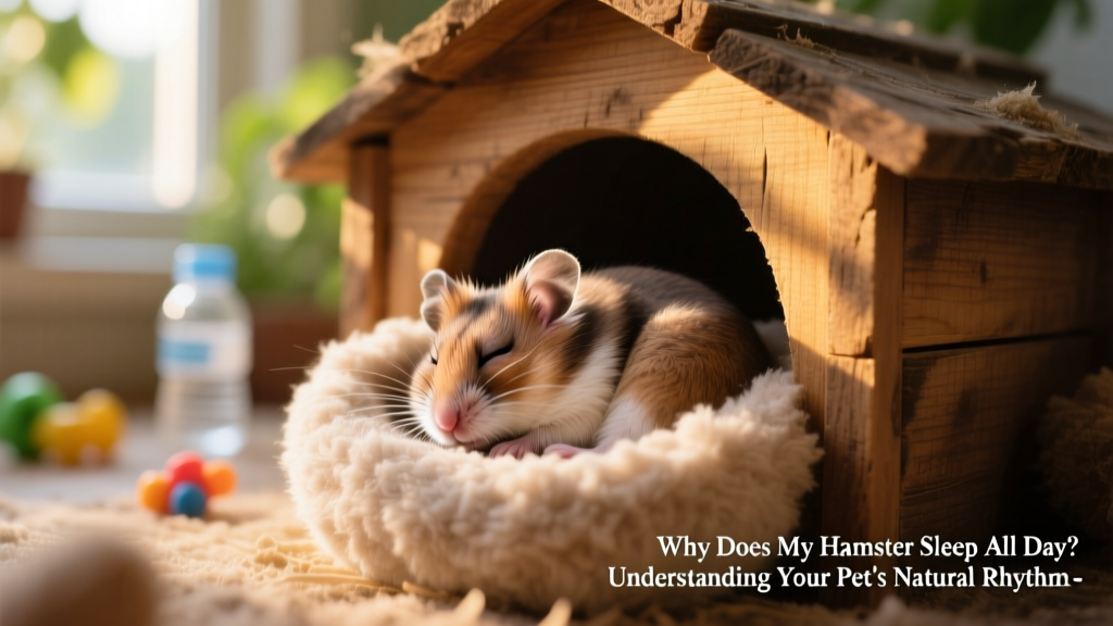 A relaxed hamster curled up asleep in a nest of soft bedding inside a wooden hideout