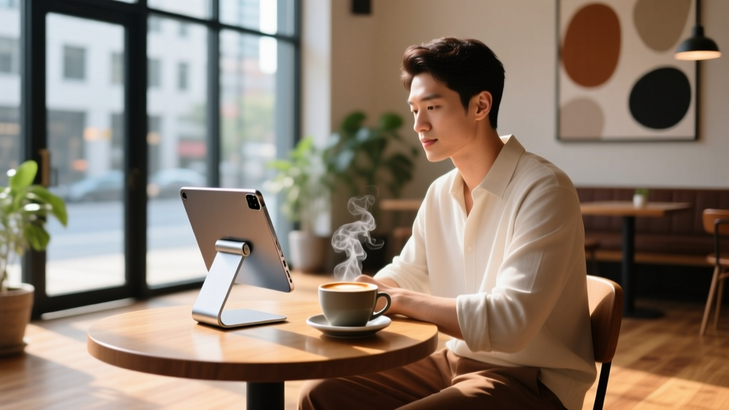 Digital nomad working on an iPad Pro M4 mounted on a brushed aluminum stand next to a steaming cappuccino at a sunlit corner cafe table