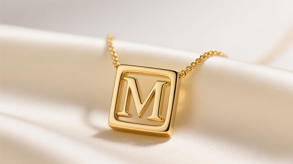 Close-up of a 14k yellow gold square initial necklace with the letter M, resting on cream silk fabric under soft studio lighting.