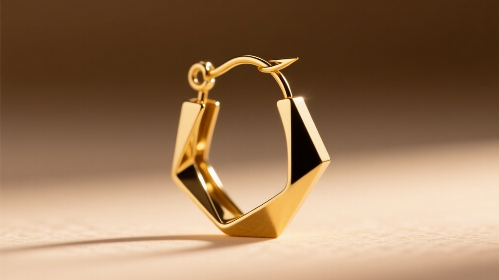 Close-up of an 18-gauge gold fishhook wire holding a lightweight hollow geometric hoop earring against a softly blurred backdrop.
