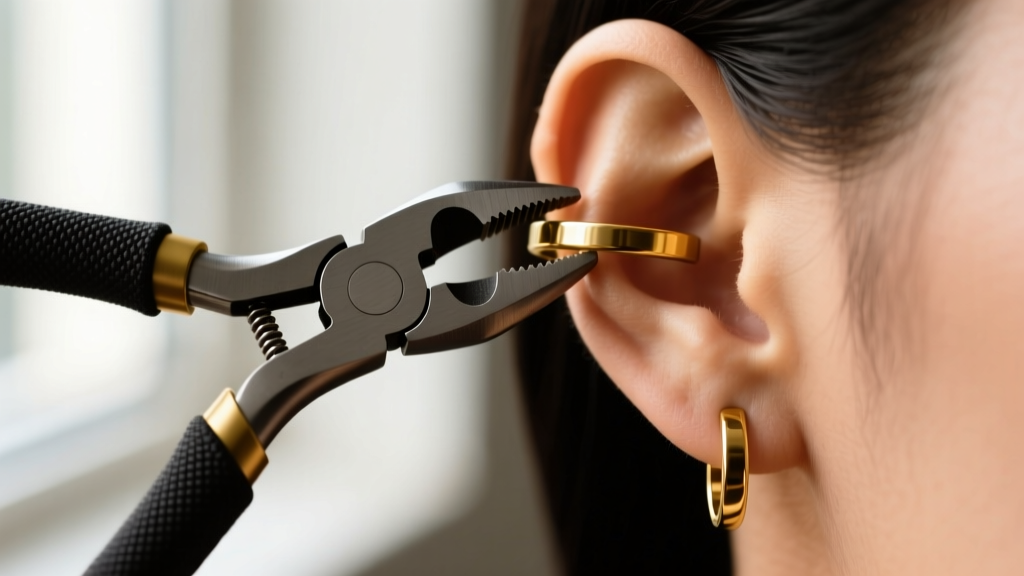 Nylon jaw pliers carefully adjusting the tension of an 18-gauge brass potara ear cuff to ensure a secure fit on ear cartilage.