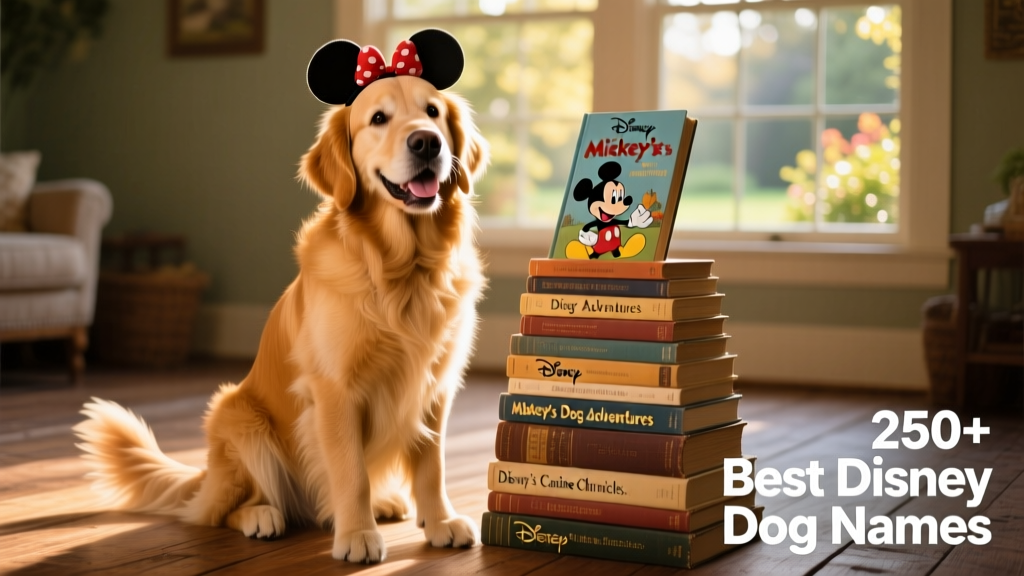 A joyful golden retriever wearing a tiny Mickey Mouse ear headband, sitting beside a stack of Disney storybooks