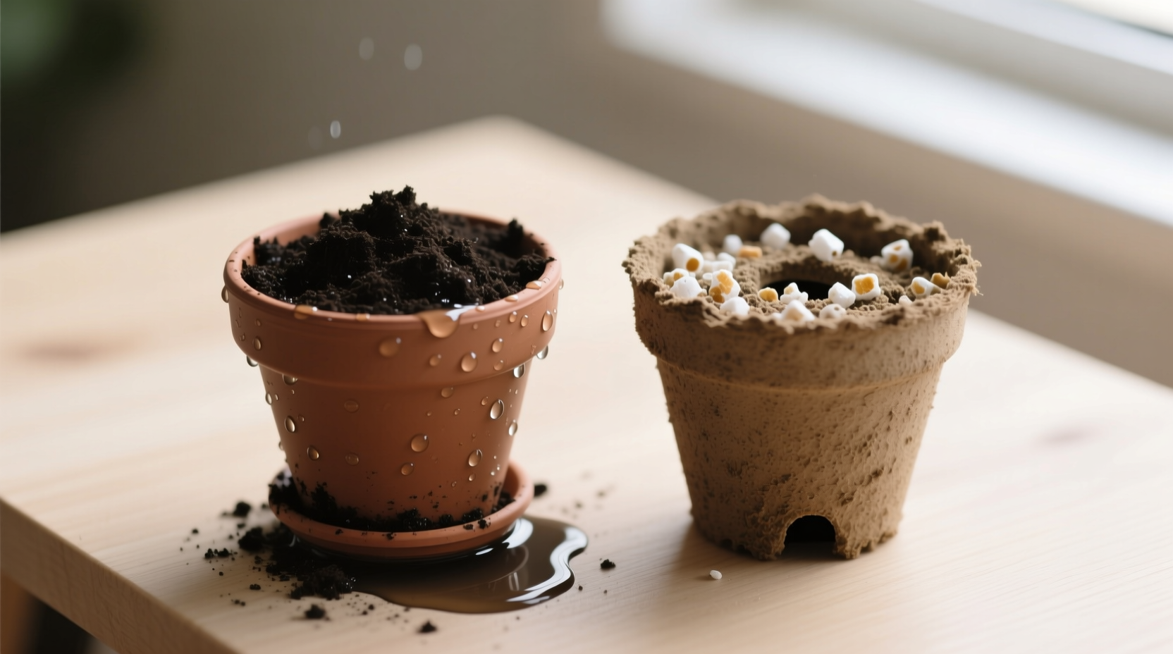 Winter container drainage test showing waterlogged garden soil versus fast-draining potting mix with perlite - critical for preventing root rot in indoor herb gardening