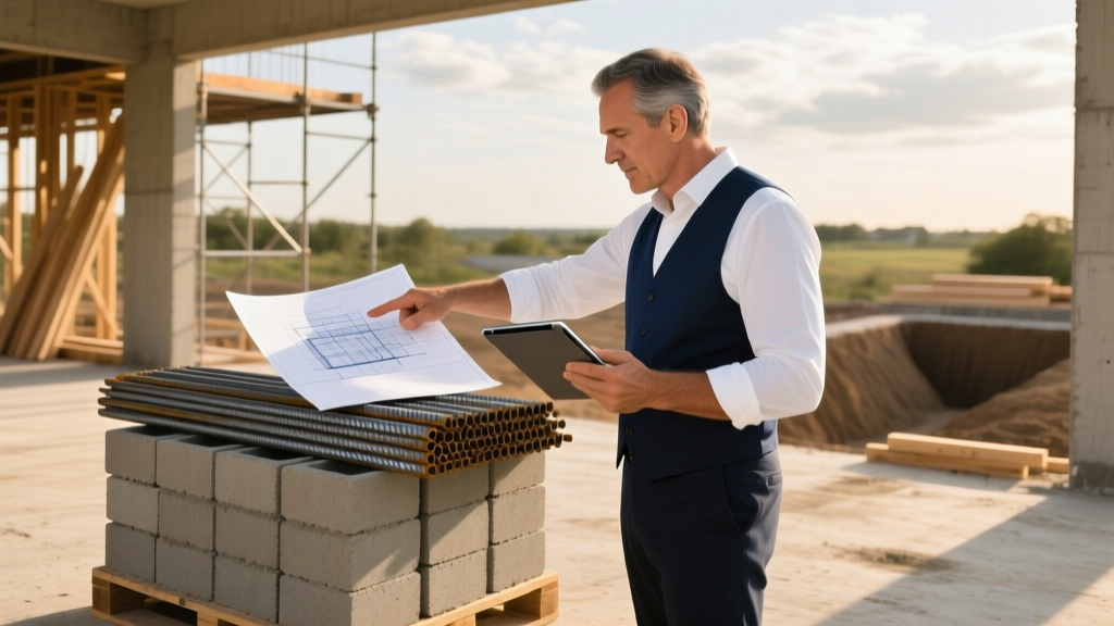 Architect reviewing digital blueprints on a tablet while pointing at a stacked pallet of cinder blocks and rebar on an active residential job site