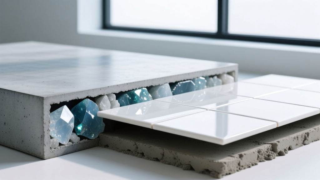 Cross-section diagram showing a polished concrete slab with exposed quartz aggregate next to a porcelain tile installation on a mortar bed