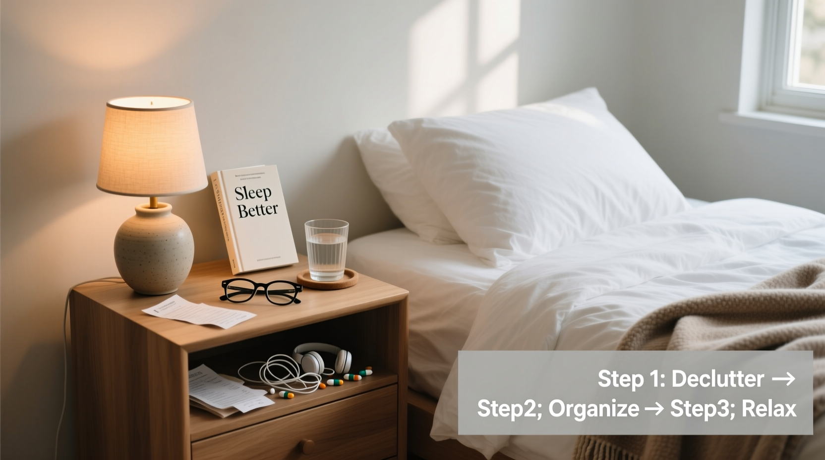 step by step guide to organizing a messy nightstand for better sleep
