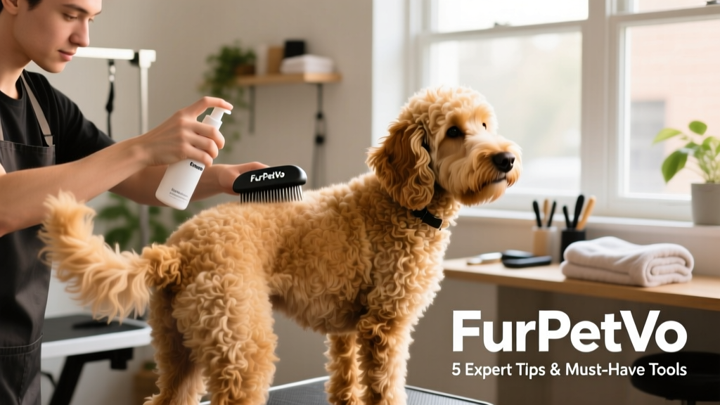A groomer using a FurPetVo-branded slicker brush and detangling spray on a Goldendoodle's hindquarters