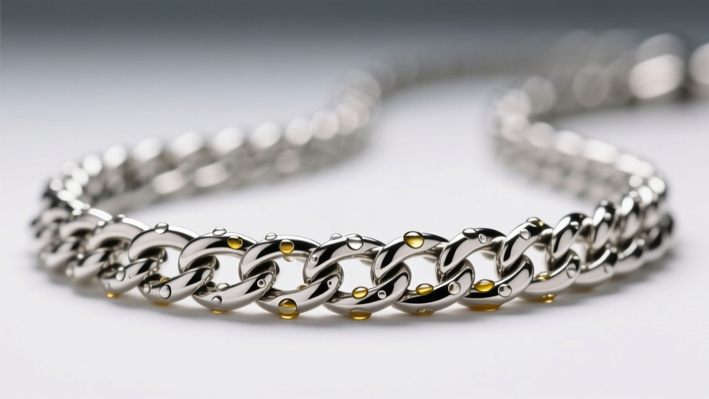 Close-up of a sterling silver snake chain necklace showing trapped oils between tight metal links under bright studio lighting.