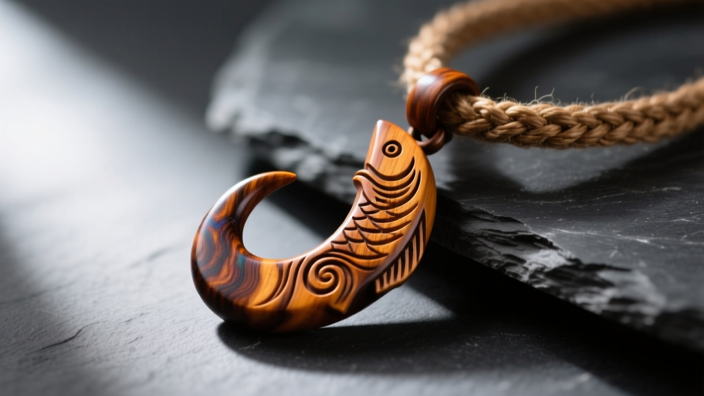 Close-up of a hand-carved Hawaiian Makau fishhook pendant in curly Koa wood, resting on a woven hemp cord against dark slate