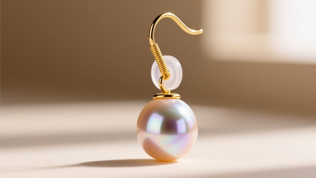 Close-up of an 18-gauge gold French wire earring hook with a silicone support disc, designed to hold a heavy South Sea pearl drop