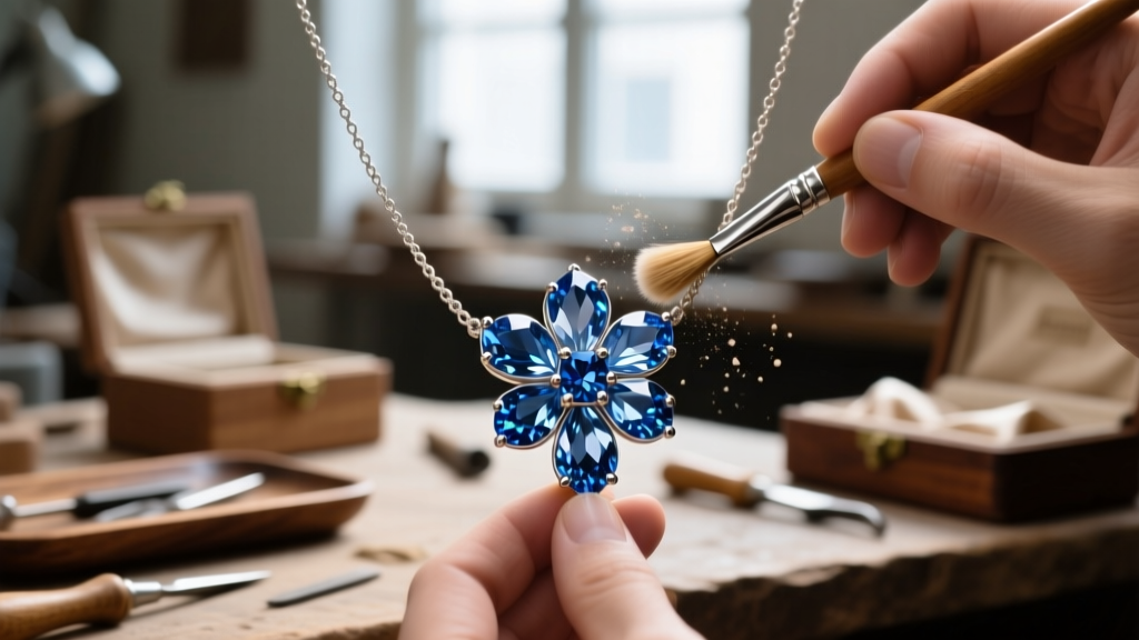 Jeweler cleaning a delicate sapphire and titanium blue flower necklace with a soft brush, macro view, blurred workshop background.