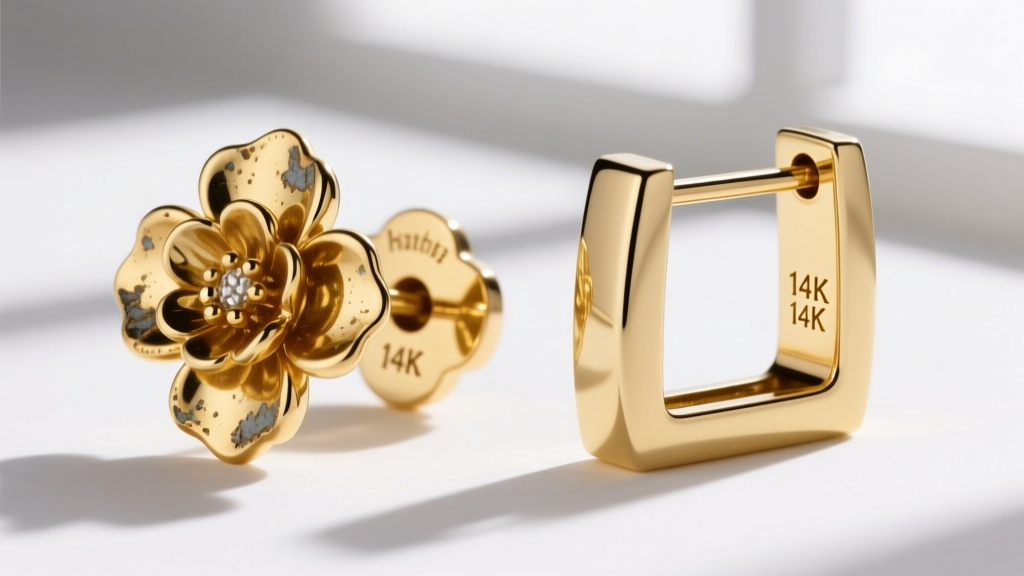 Side-by-side view of a gold-plated floral earring and a solid 14k piece, showing edge wear and stamped back hallmarks