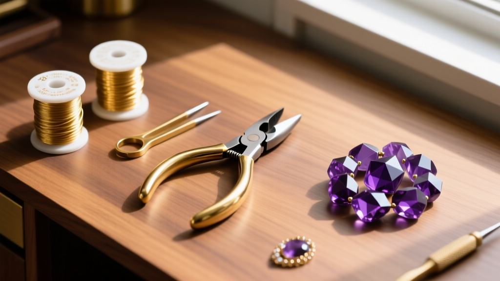Overhead shot of a wooden desk with brass jewelry pliers, 20-gauge gold-filled wire spools, and polished amethyst beads.