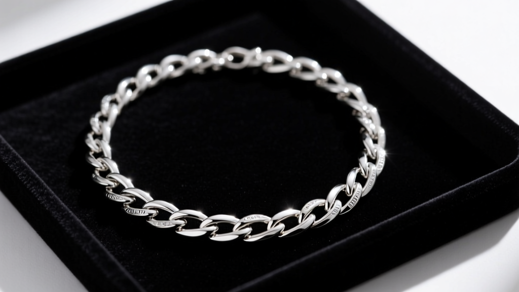 Top-down view of an omega sterling silver necklace coiled in a perfect kink-free circle on a dark velvet jewelry storage tray.