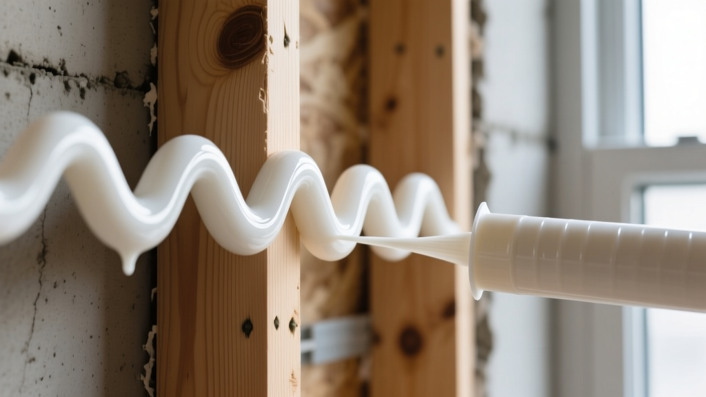 Thick continuous zigzag bead of white construction adhesive applied to wooden wall studs right before drywall panel installation.