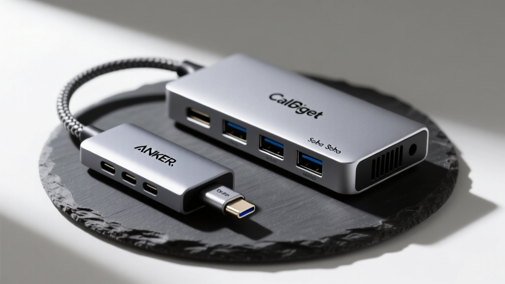 Close-up macro shot of Anker 341 Nano USB-C hub and CalDigit Soho dock resting on a dark slate coaster with braided cable