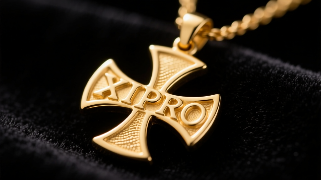 Macro shot of a 14k yellow gold Chi Rho pendant on dark velvet, soft lighting highlighting the overlapping Greek letters.