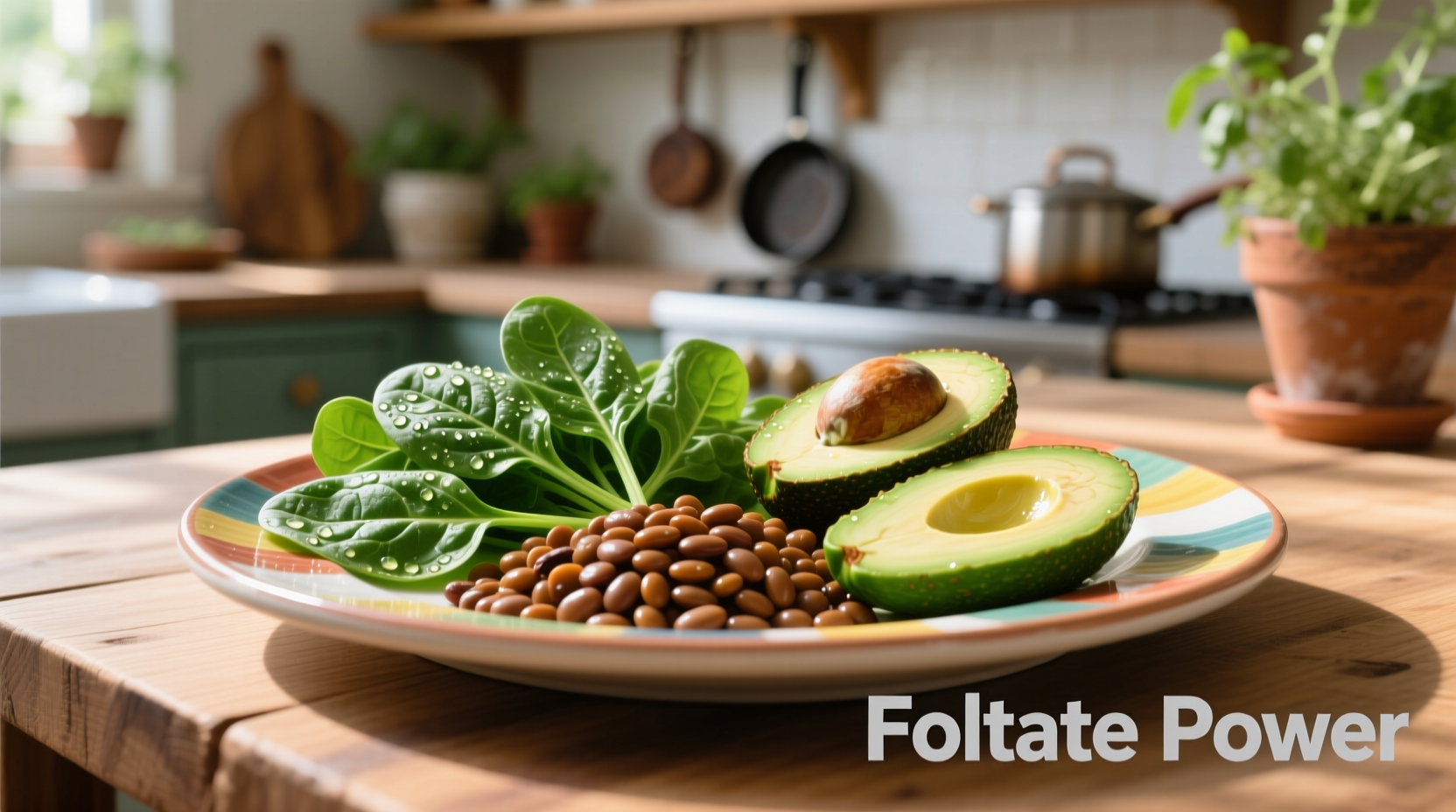 Colorful plate of folate-rich foods including spinach, lentils, and avocado