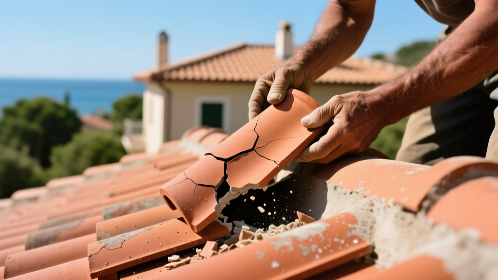 Close-up of a roofing contractor replacing a cracked terracotta clay barrel tile on a sunlit Mediterranean-style residential roof.