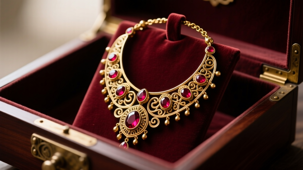 Heavy brass Temple jewelry necklace with ruby cabochons hanging on a padded rigid velvet stand inside a deep storage drawer