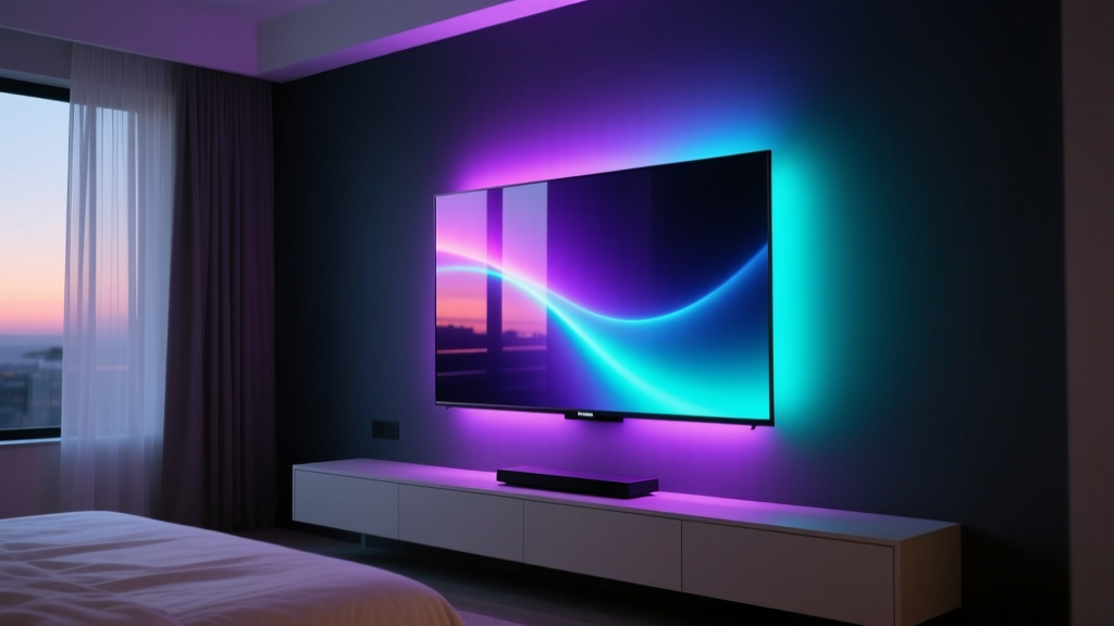 Govee RGBIC smart LED strip lights illuminating the back of a bedroom TV in vibrant purple and teal gradients against a dark wall