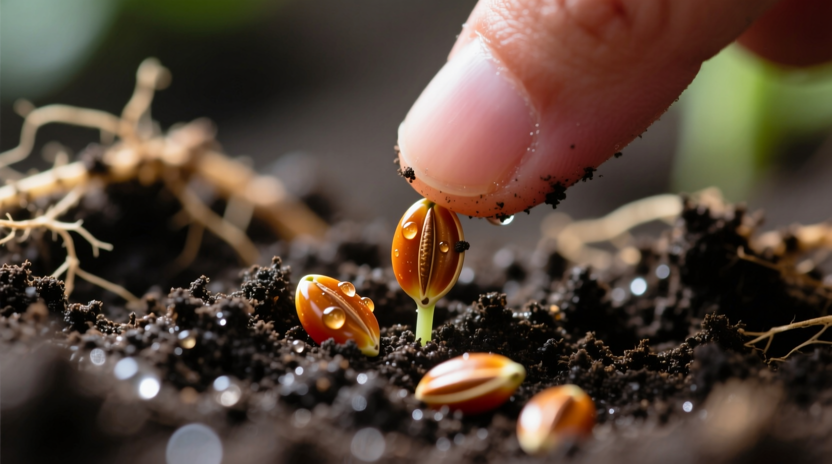Close-up of tomato seeds being placed in soil