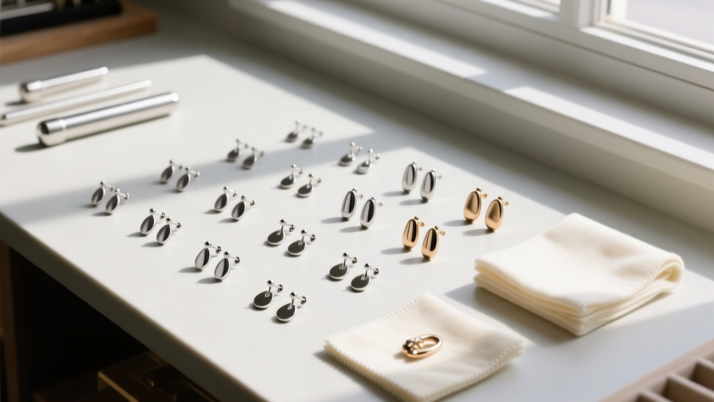 Overhead view of a workbench showing 18-gauge titanium earring posts, locking La Pousette backs, and microfiber polishing cloths.