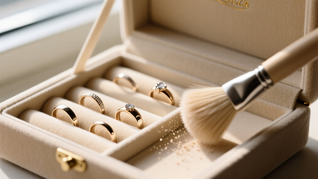 Open jewelry box showing plush beige velvet interior with ring rolls, gently brushed with a soft-bristle suede brush to lift dust