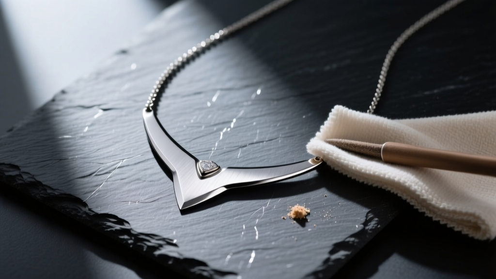 Top-down view of cloth, polish, and a titanium blade necklace, showing careful cleaning of textured metal on a dark slate desk.