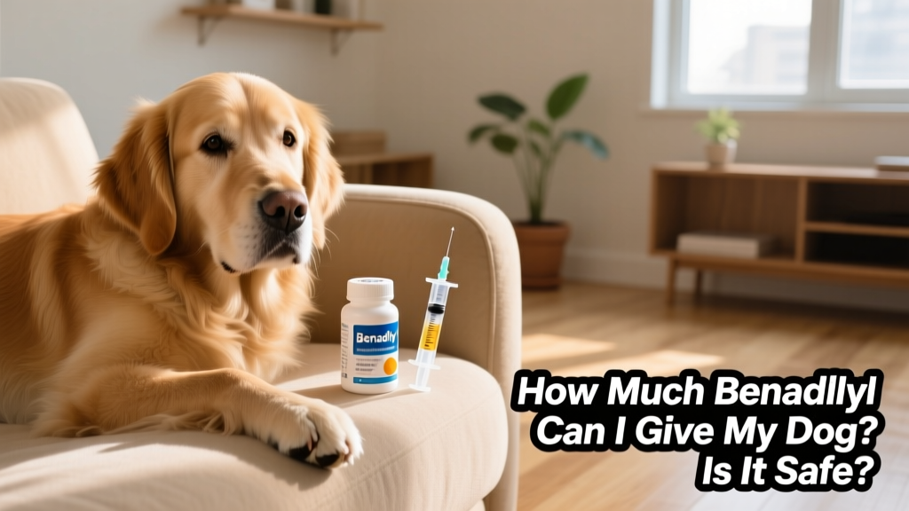 A calm, relaxed dog resting on a sofa beside a small bottle of diphenhydramine tablets and a measuring syringe