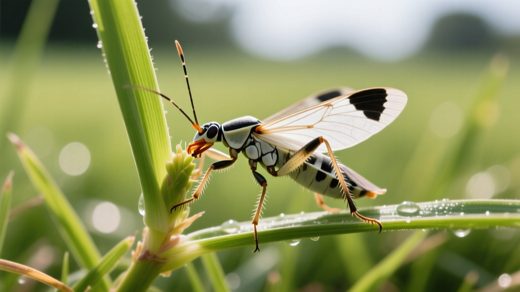 Close up of adult southern chinch bugs with white wings and black triangular markings feeding on the base of St. Augustinegrass blades