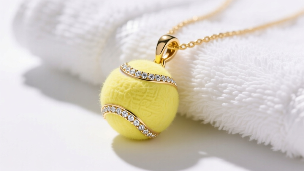 Close-up of a 14k yellow gold tennis ball pendant with diamond seams resting on a white tennis towel in bright sunlight