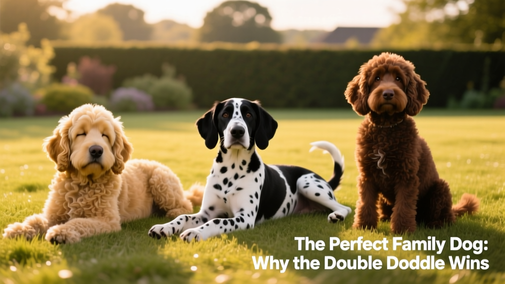 Side-by-side comparison showing a Goldendoodle, Labradoodle, and Double Doodle resting peacefully on grass