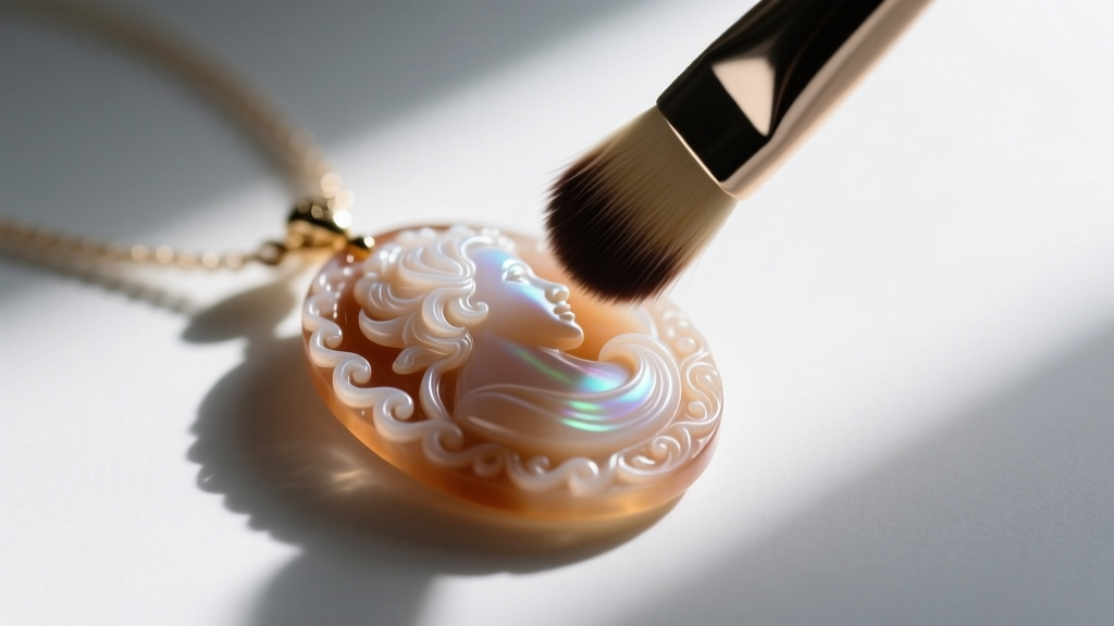 Soft makeup brush gently dusting the carved crevices of a resin vintage Avon cameo pendant under bright natural window light