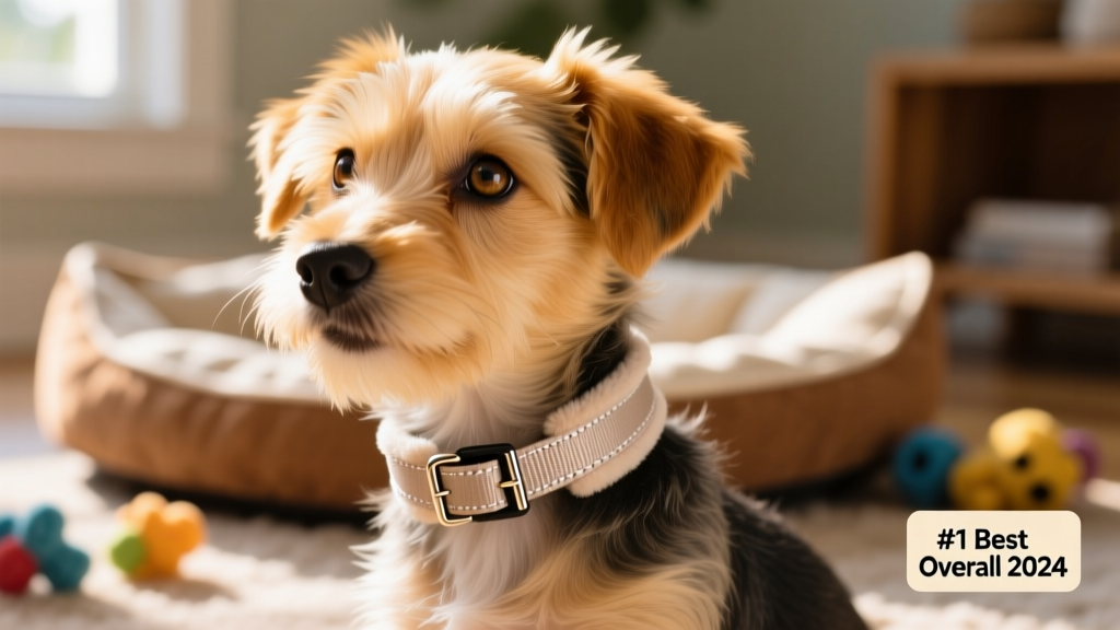 Close-up of a soft, adjustable flea collar on a small puppy's neck, showing secure fit and gentle material