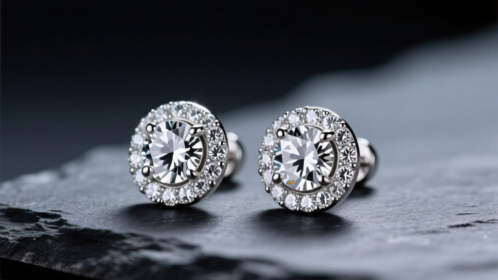 Macro shot of TJG sterling silver halo stud earrings with pavé cubic zirconia on dark slate under soft studio lighting