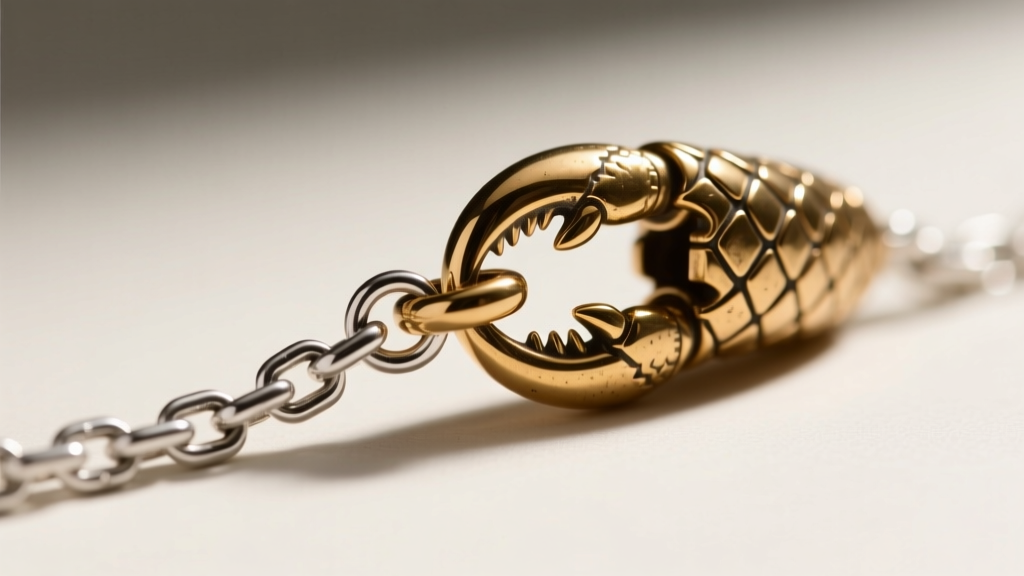 Macro shot of a 3mm sterling silver box chain connecting to a heavy brass dragon-scale bail using a secure lobster claw clasp.