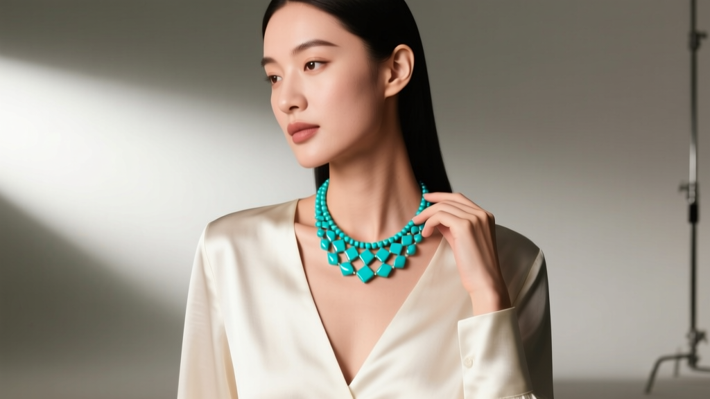 Woman in deep V-neck silk blouse styling a turquoise beaded necklace design, showing the elegant drape and precise bead spacing.