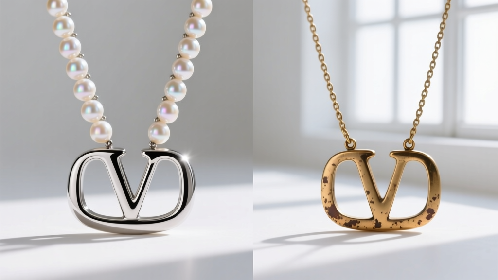 Side-by-side comparison of a pristine Valentino pearl pendant necklace and a pre-owned piece showing brass wear near the clasp.