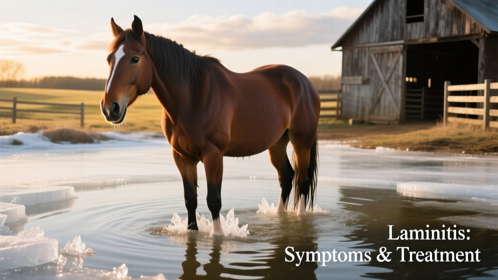 Horse standing in shallow ice water bath with front hooves submerged for cold therapy