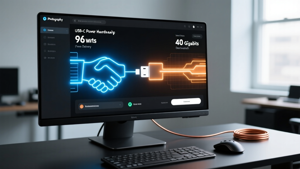 Software interface showing USB-C power delivery handshake negotiation at 96 watts and 40 gigabits per second data bandwidth