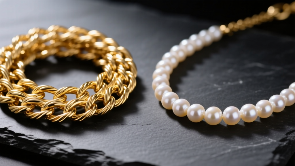 Macro photography of a tangled 14k gold rope chain and a strung pearl necklace side-by-side on dark slate, soft studio lighting.
